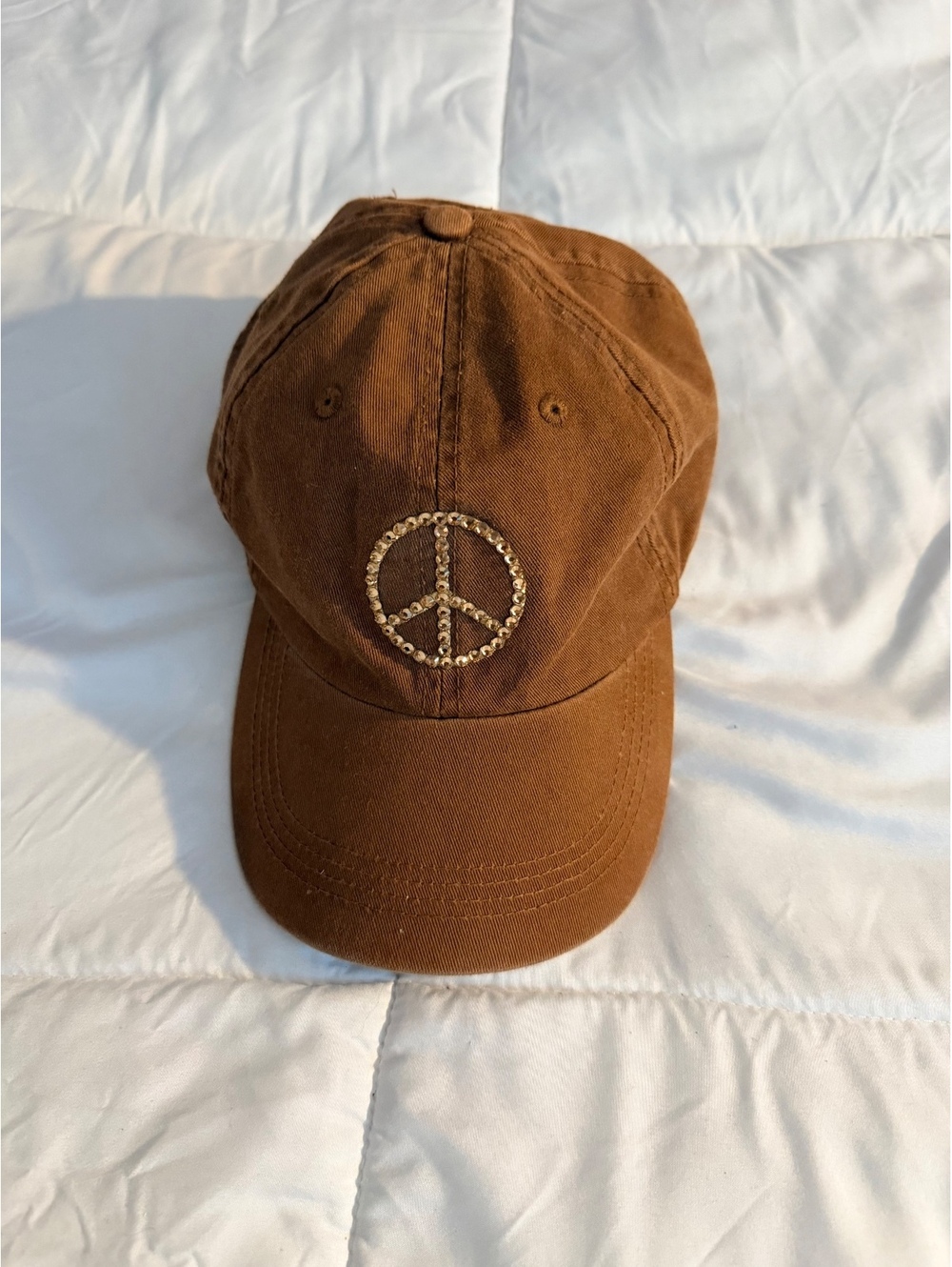 Unknown Brown Baseball Cap with Gold Sequin Peace Sign Embellishment